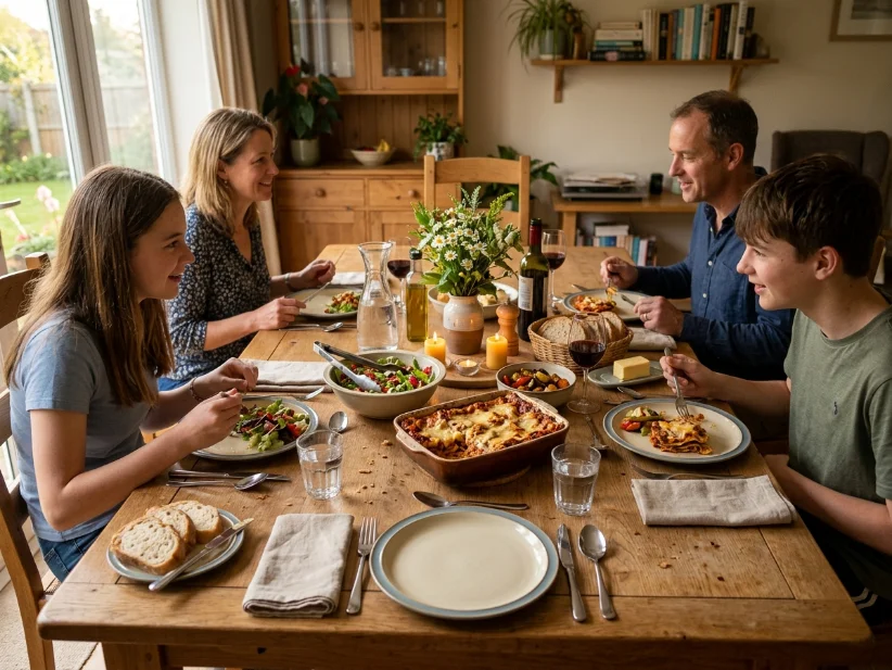 Practical dining table styling with enough space for family meals.