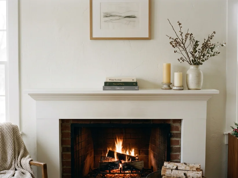 Minimalist winter mantel with balanced empty space.