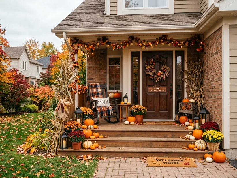 Thanksgiving front porch decorated with pumpkins, dried corn stalks, and a fall wreath.
