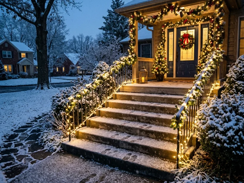 Warm LED lights installed along porch steps for holiday safety.