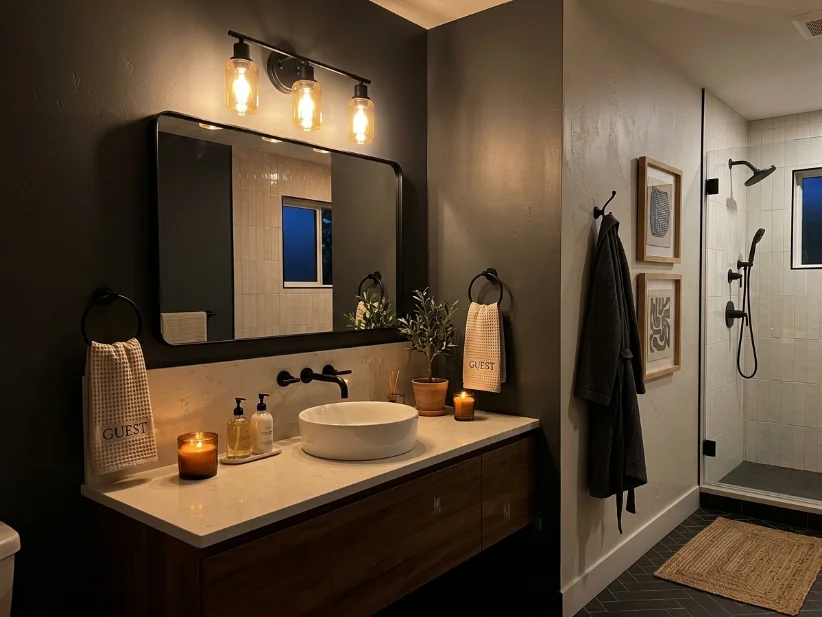 Warm bathroom lighting creates a cozy guest space