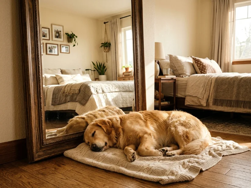 Dog relaxing in front of a large bedroom mirror during the afternoon.