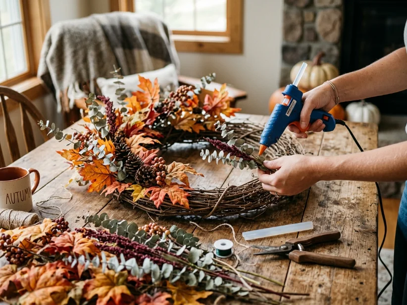 DIY fall wreath made with grapevine and autumn leaves.