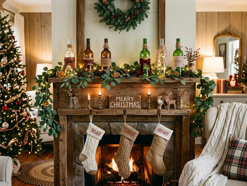Christmas mantel decorated with recycled bottles and eucalyptus garland.