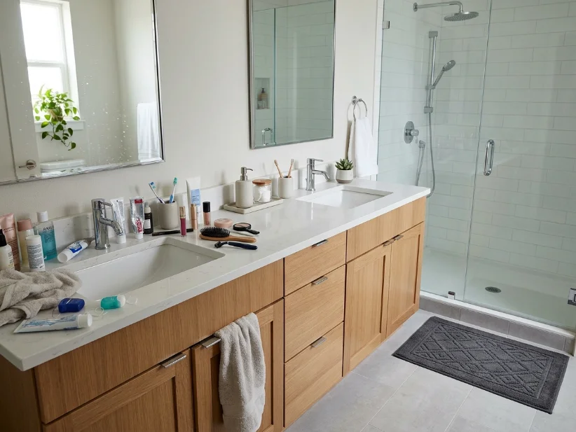 Clutter-free guest bathroom with safe non-slip bath mat