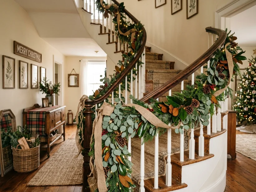 Christmas garland with eucalyptus, magnolia leaves, and pinecones.