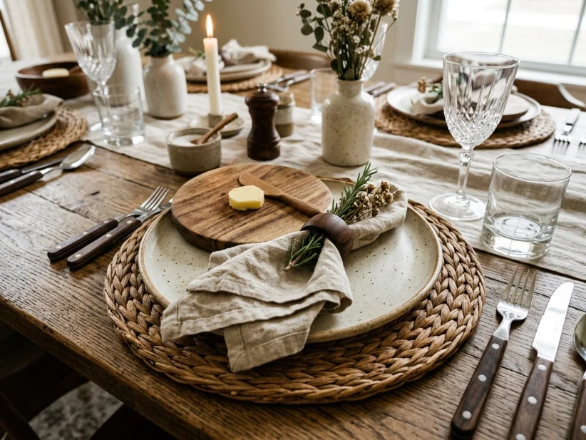 Dining table place settings with mixed textures and natural materials.