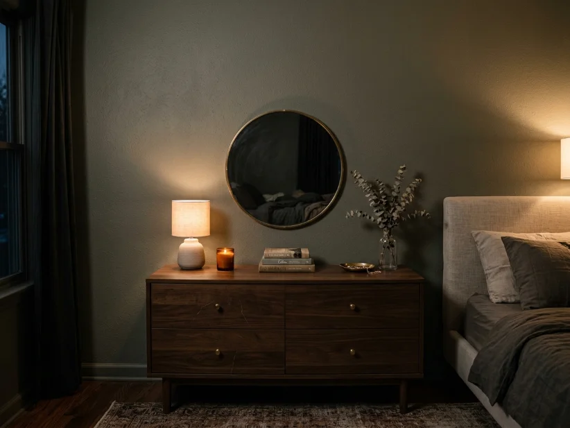 Small round mirror that fails to brighten a dark bedroom.