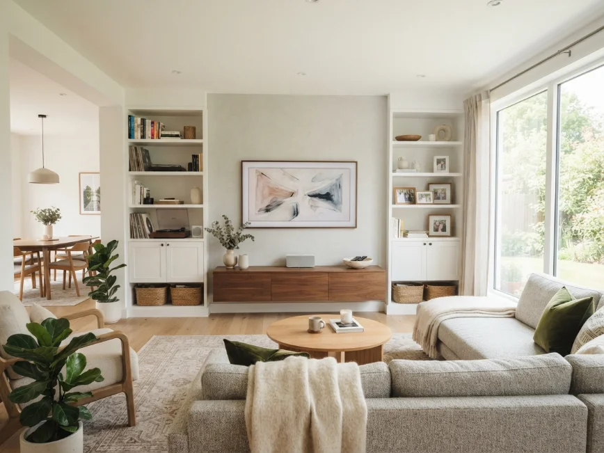 Open shelf TV console creating visible living room clutter