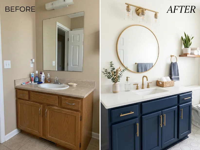Guest bathroom makeover with painted vanity and warm white walls