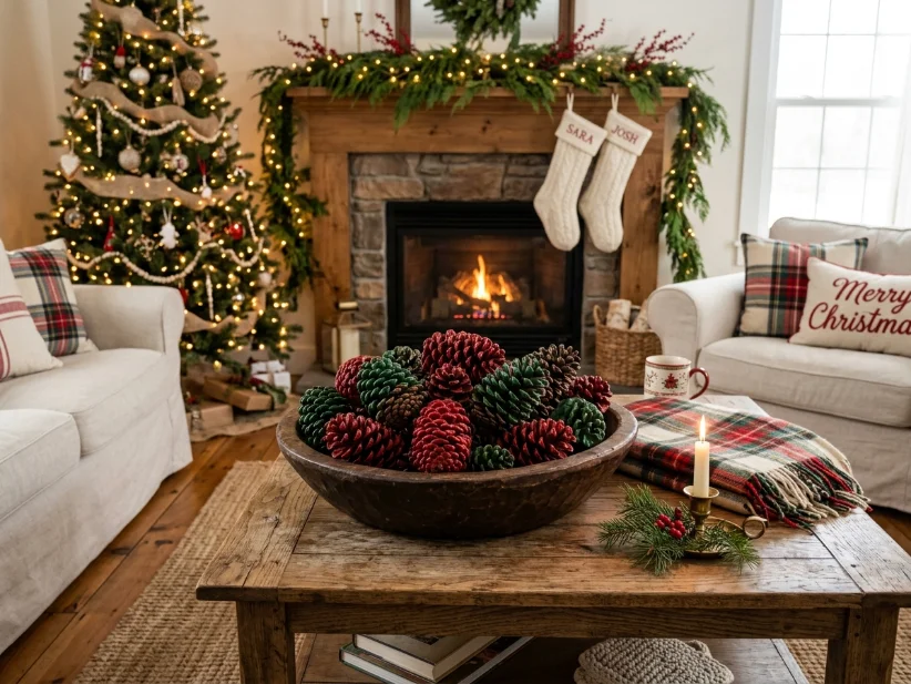 Decorative pinecone fire starters displayed in a wooden bowl.