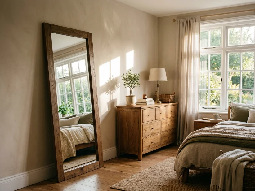 Large mirror positioned opposite a bedroom window to maximize natural light.