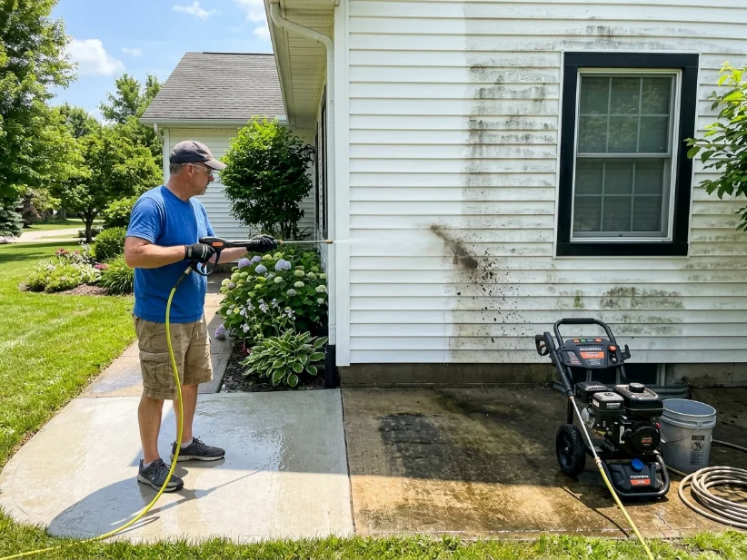 Pressure washing siding and walkway for an affordable exterior refresh.
