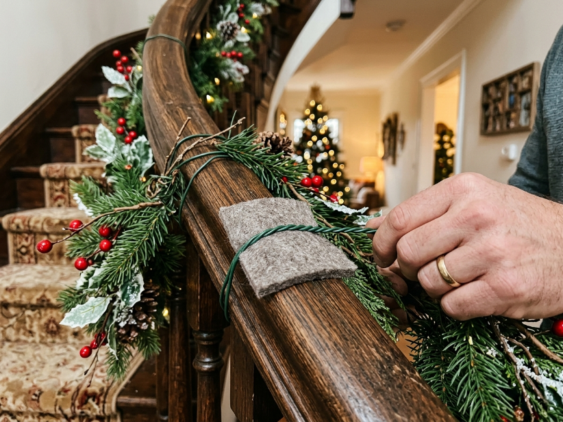 Protecting a wooden staircase railing before attaching garland.