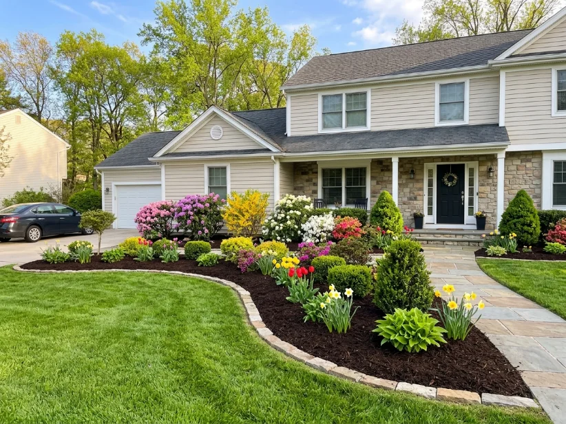 Fresh mulch and clean edging improving front yard landscaping.