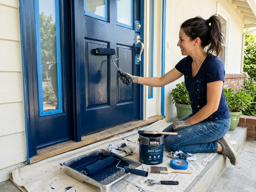 Painting a front door navy to improve curb appeal on a budget.