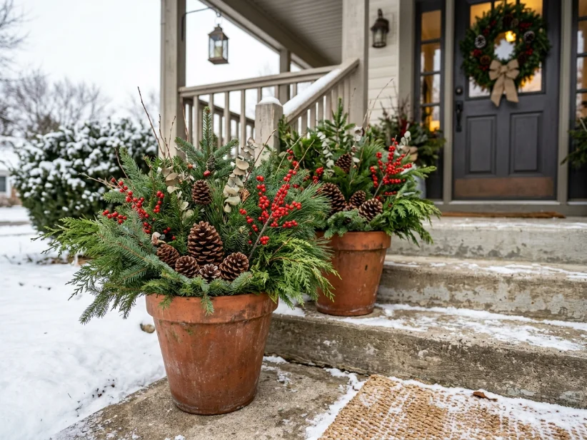 Terracotta planters filled with evergreen branches and pinecones for Christmas.