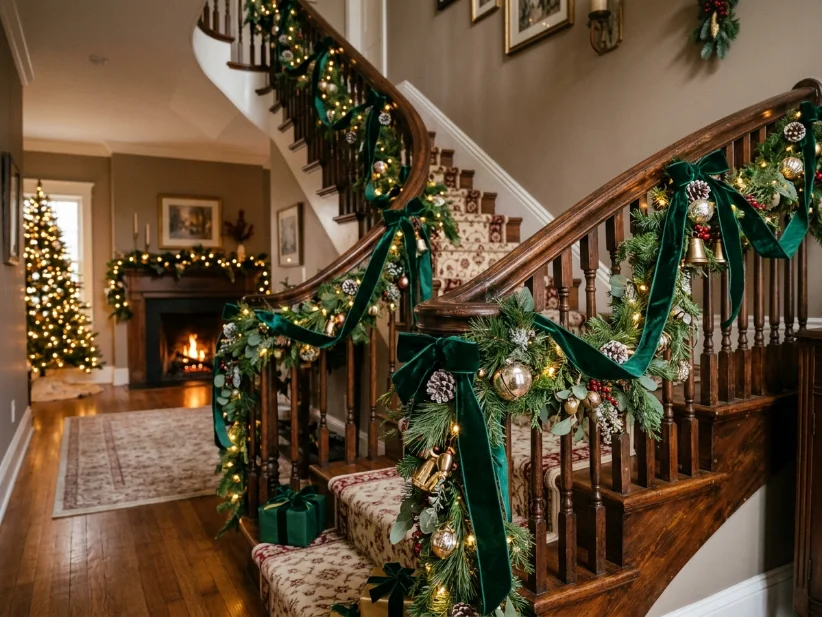 Velvet ribbon decorating a Christmas staircase garland.