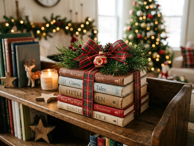DIY Christmas book stack decorated with ribbon and greenery.