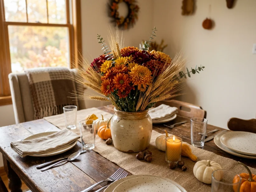 Budget-friendly Thanksgiving floral arrangement using mums and dried wheat.