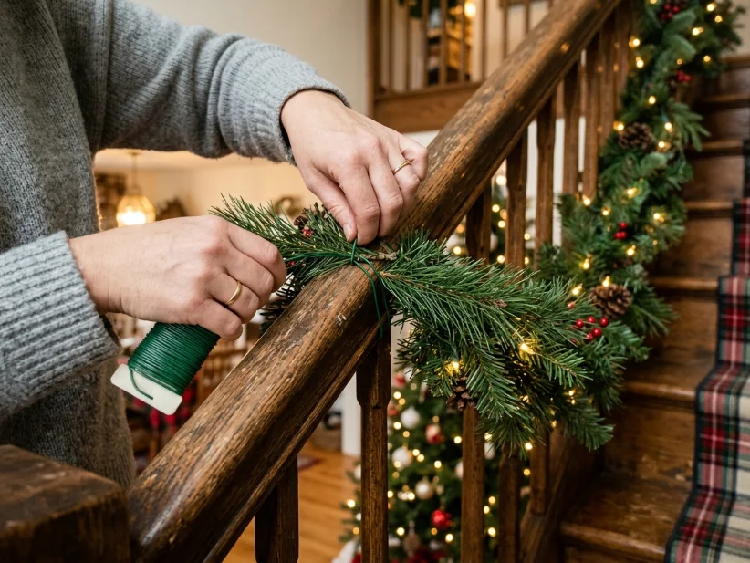 Securing Christmas garland with floral wire on a staircase.