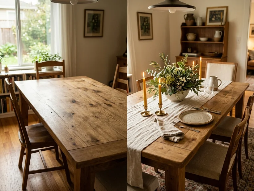 Simple dining table makeover in a cozy family home.