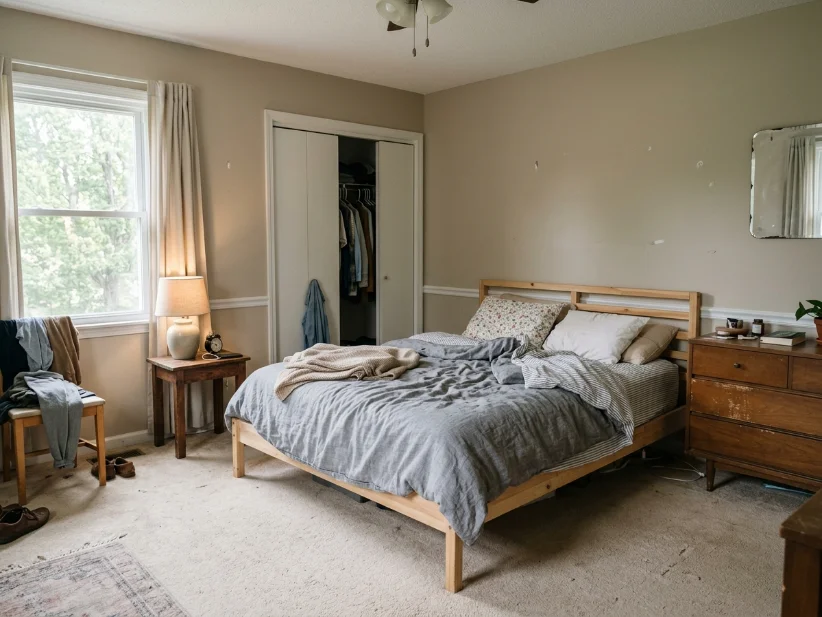 Simple master bedroom before a budget-friendly luxury makeover.
