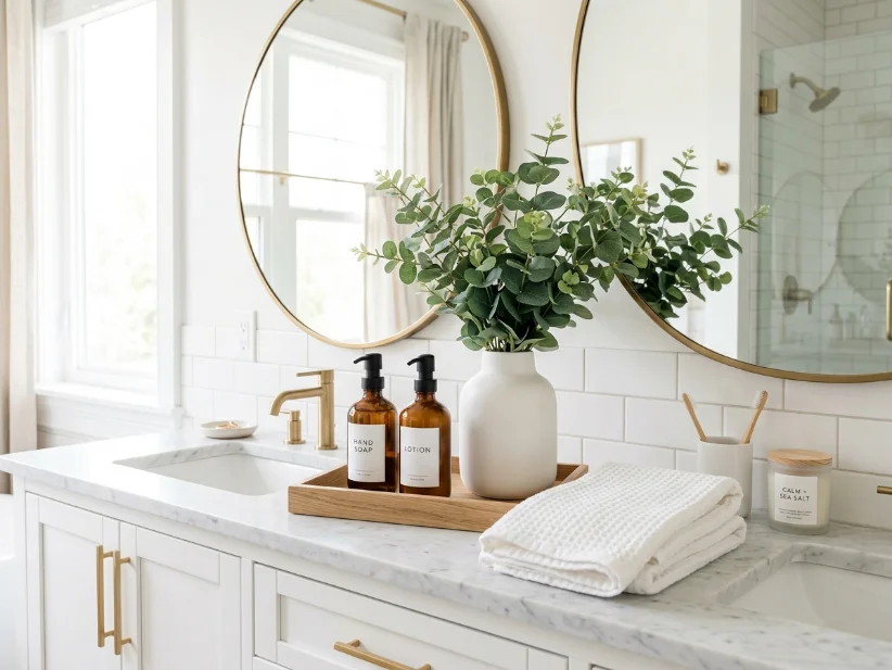 Simple bathroom decor with matching accessories and faux greenery
