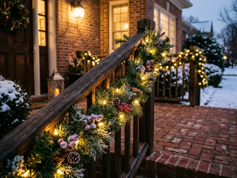 Faux pine garland wrapped around a porch railing with warm white Christmas lights.