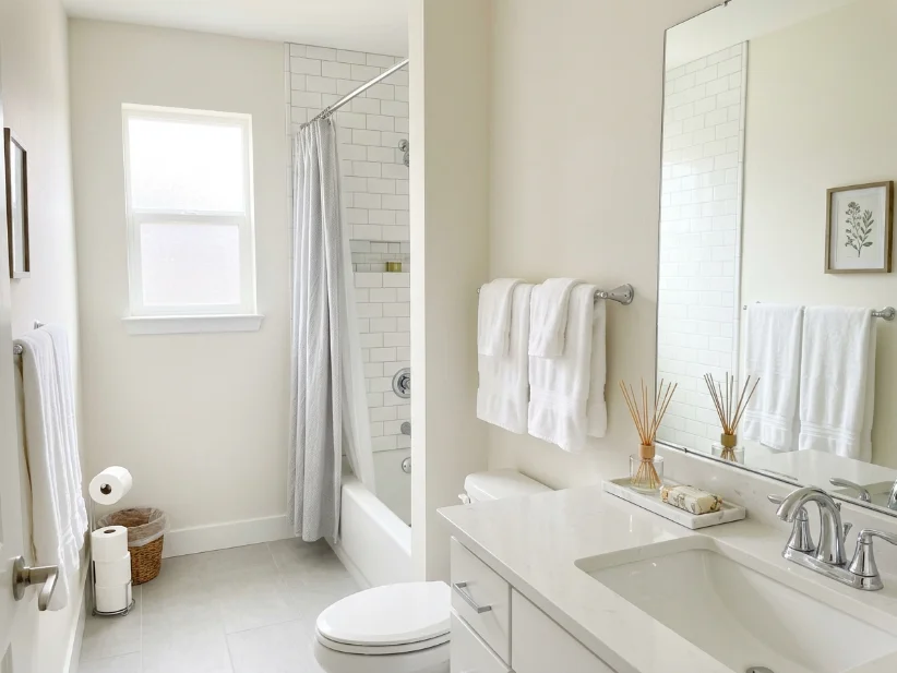 Clean guest bathroom with fresh shower curtain and reed diffuser