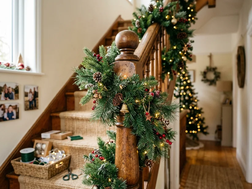 Faux pine Christmas garland wrapped around a staircase banister.