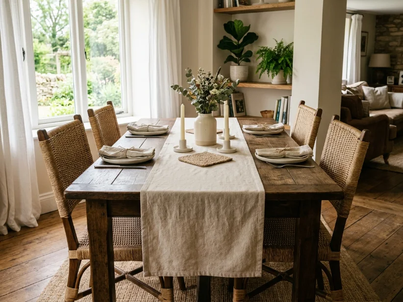 Wooden dining table styled with a neutral cotton table runner.