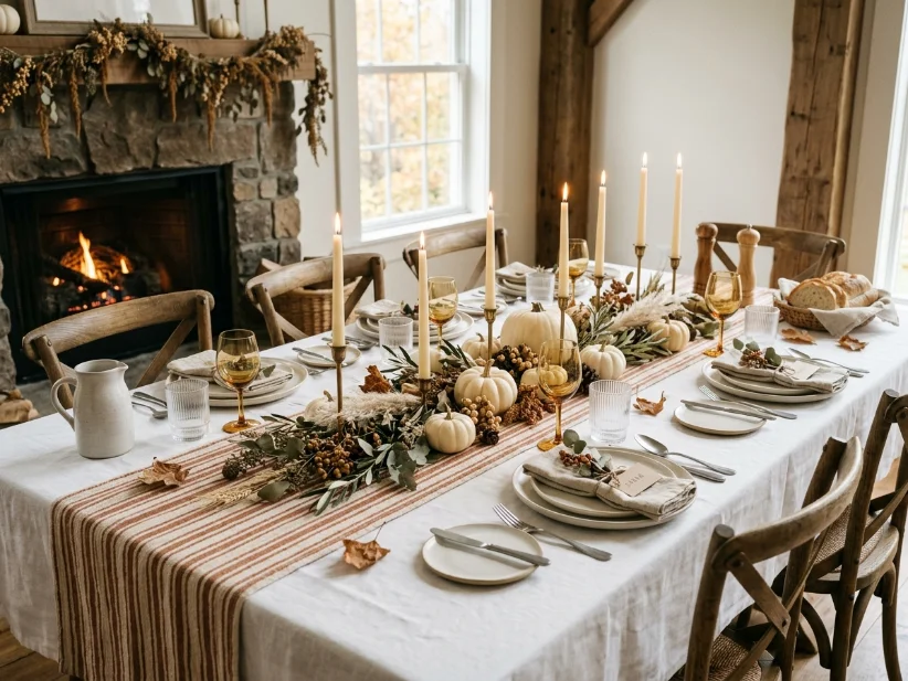 Thanksgiving dining table styled with a washable cotton table runner in warm fall colors.