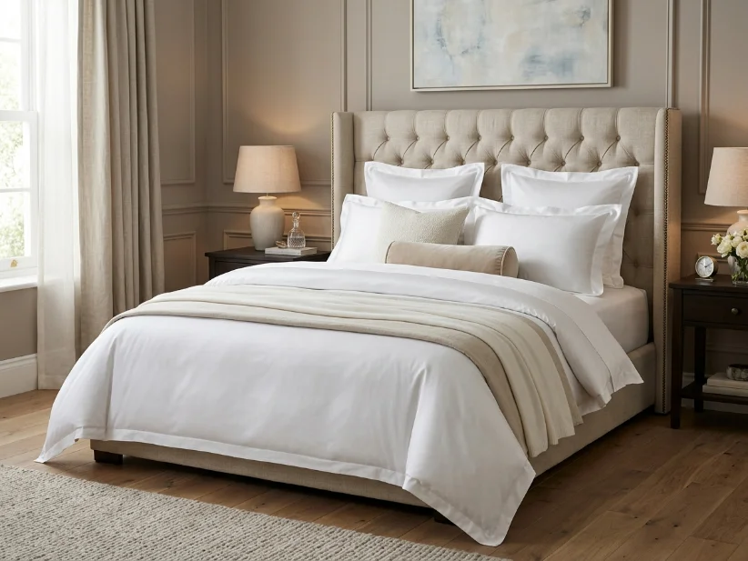 Luxury upholstered bed with layered white bedding and elegant headboard.