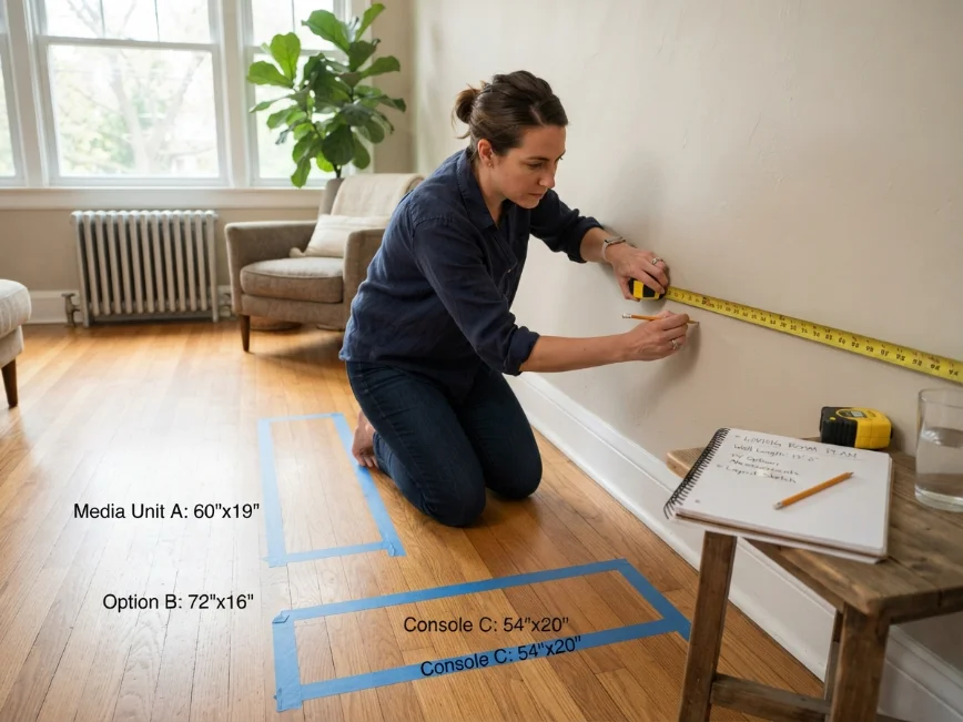 Measuring a living room wall before choosing a TV unit