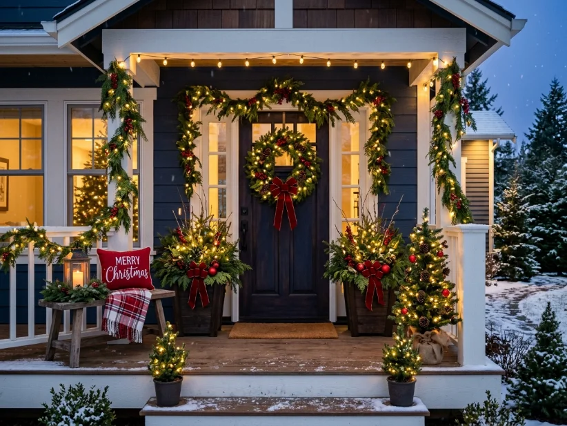 Christmas porch decorated with a cohesive red, green, and warm white colour palette.
