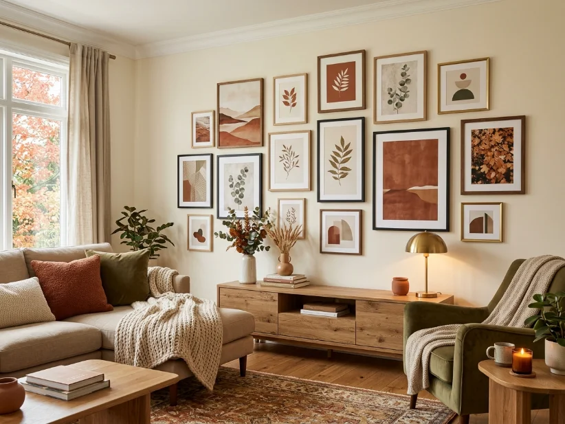 Warm-toned artwork creating a cozy fall living room.