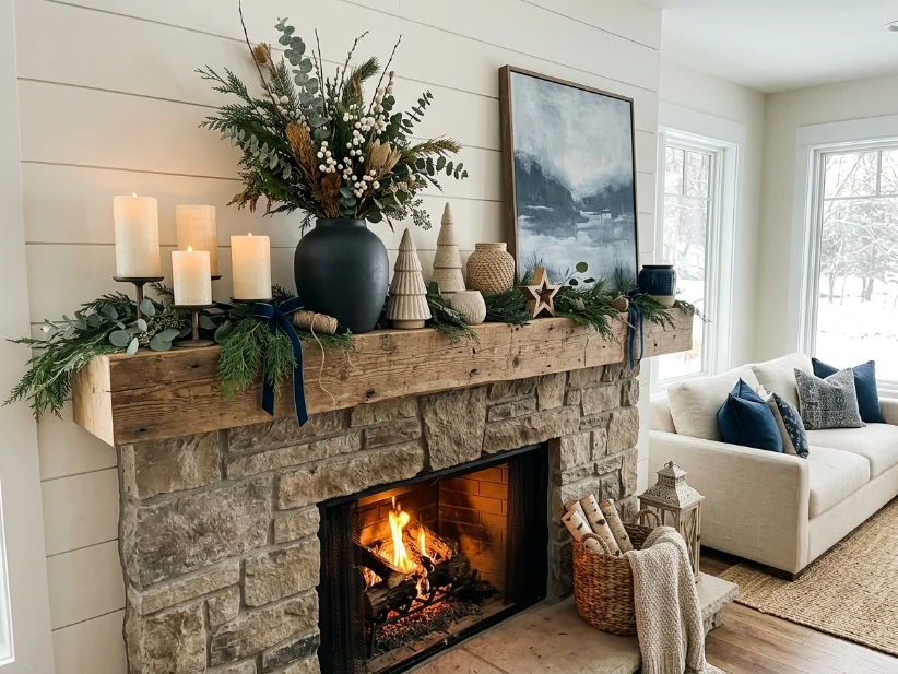 Neutral winter mantel decorated with cream candles and charcoal vase.