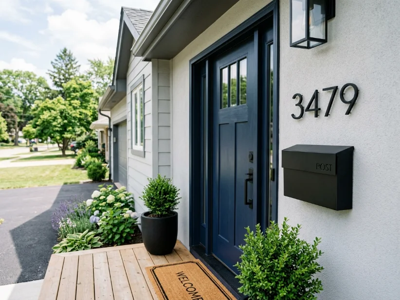 Modern black house numbers and mailbox updating a home's entrance.