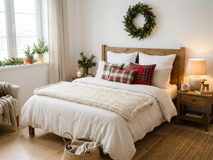 Bed decorated with plaid pillows and a chunky knit Christmas throw.