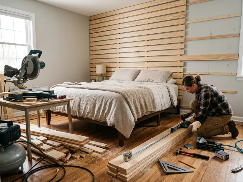 DIY wood slat accent wall installation in a master bedroom.