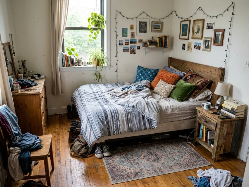 Bedroom with decorating mistakes including a small rug and mismatched decor.