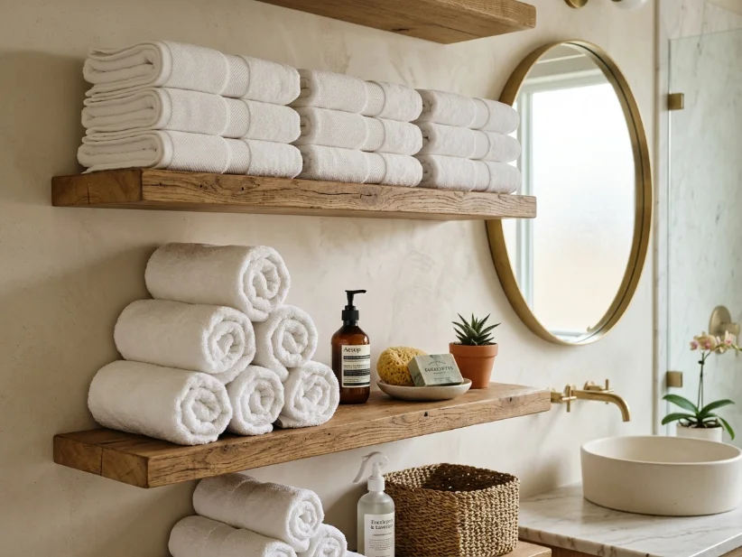 Fresh guest towels neatly arranged in a bathroom