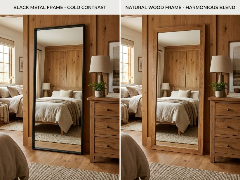 Comparison between black metal and natural wood mirror frames in a bedroom.