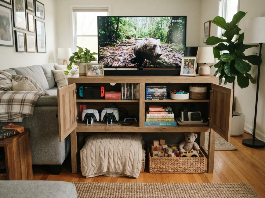 Functional TV unit with storage for everyday family essentials