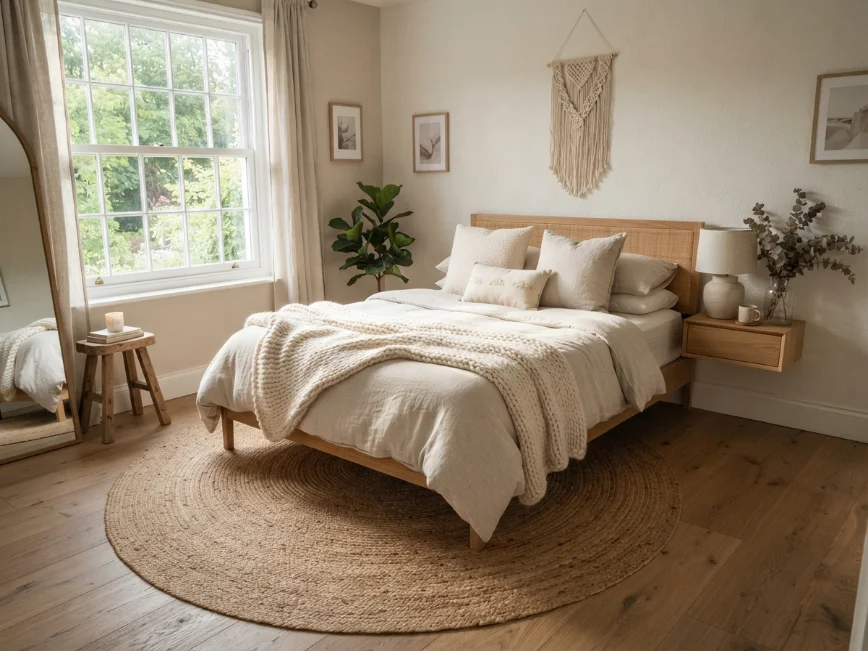 Budget-friendly rugs, throws, and pillows for a cozy bedroom.