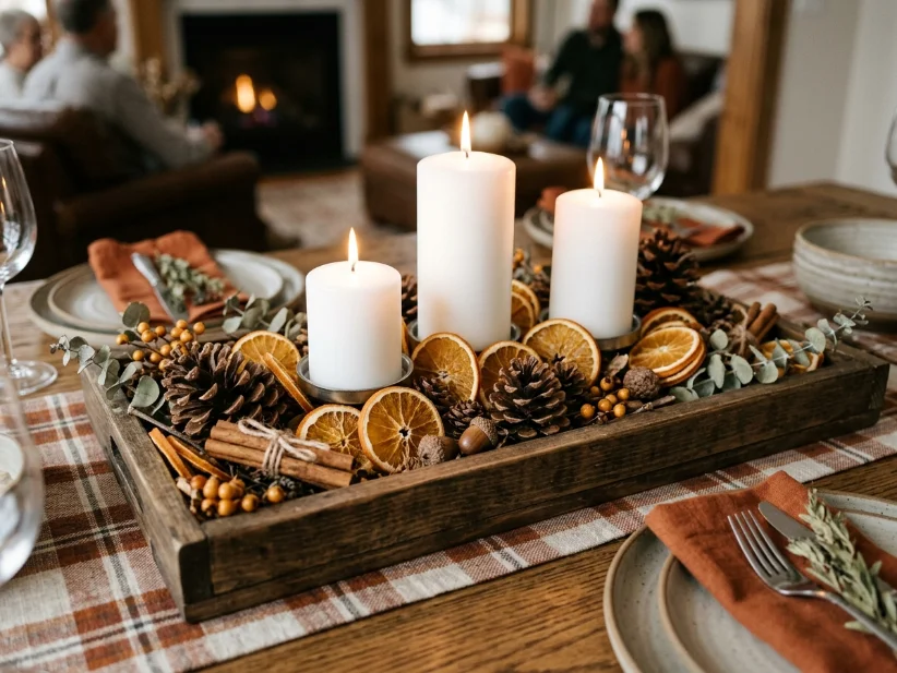 Thanksgiving table decorated with mini pumpkins and coloring name cards.