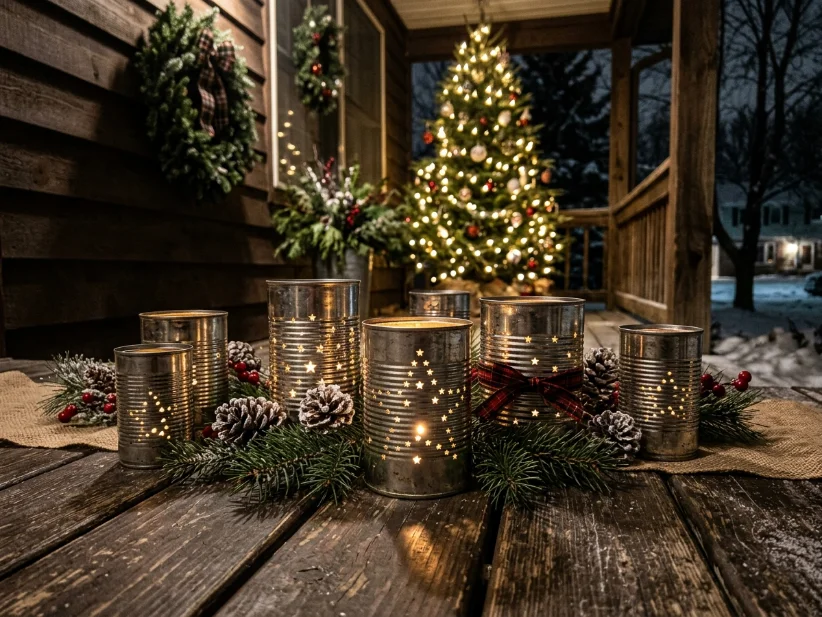 DIY tin can luminaries lighting a Christmas porch