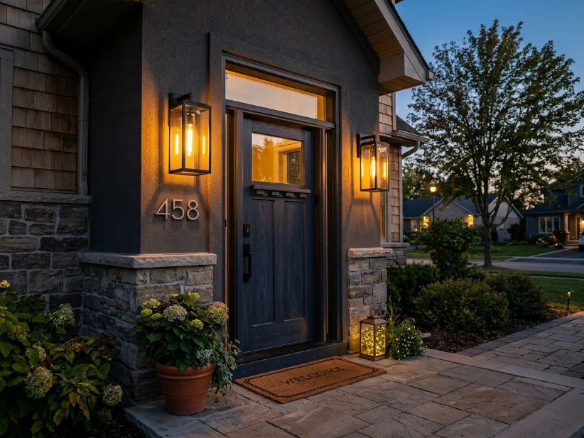 Modern black outdoor lantern lights enhancing curb appeal.