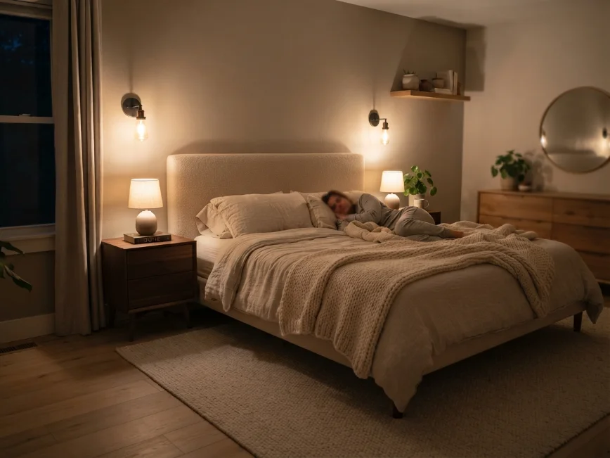 Warm bedroom lighting ideas using lamps and wall sconces.
